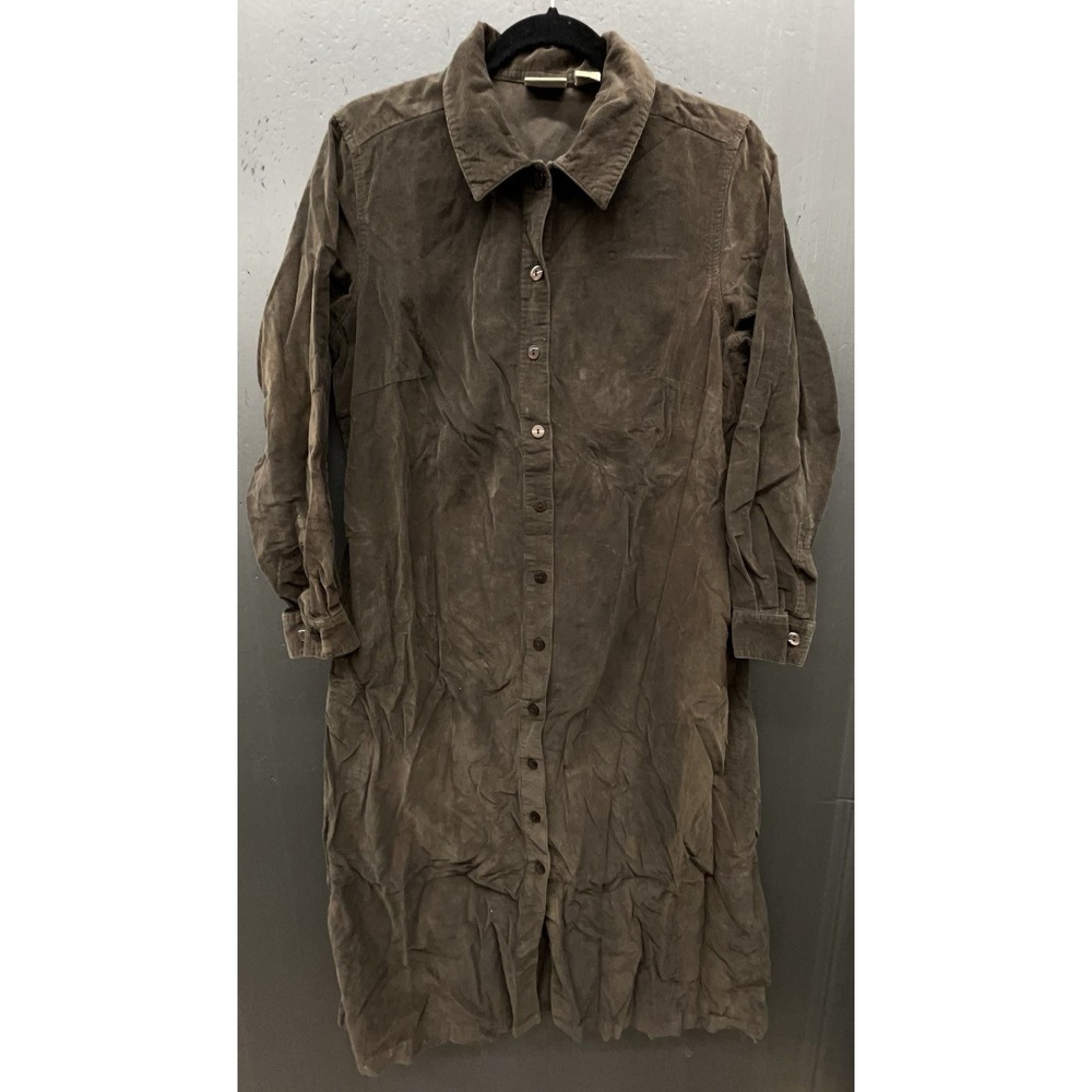 LL Bean Corduroy Dress 14P Brown Long Sleeve Pockets Cottage Peasant Grandma
